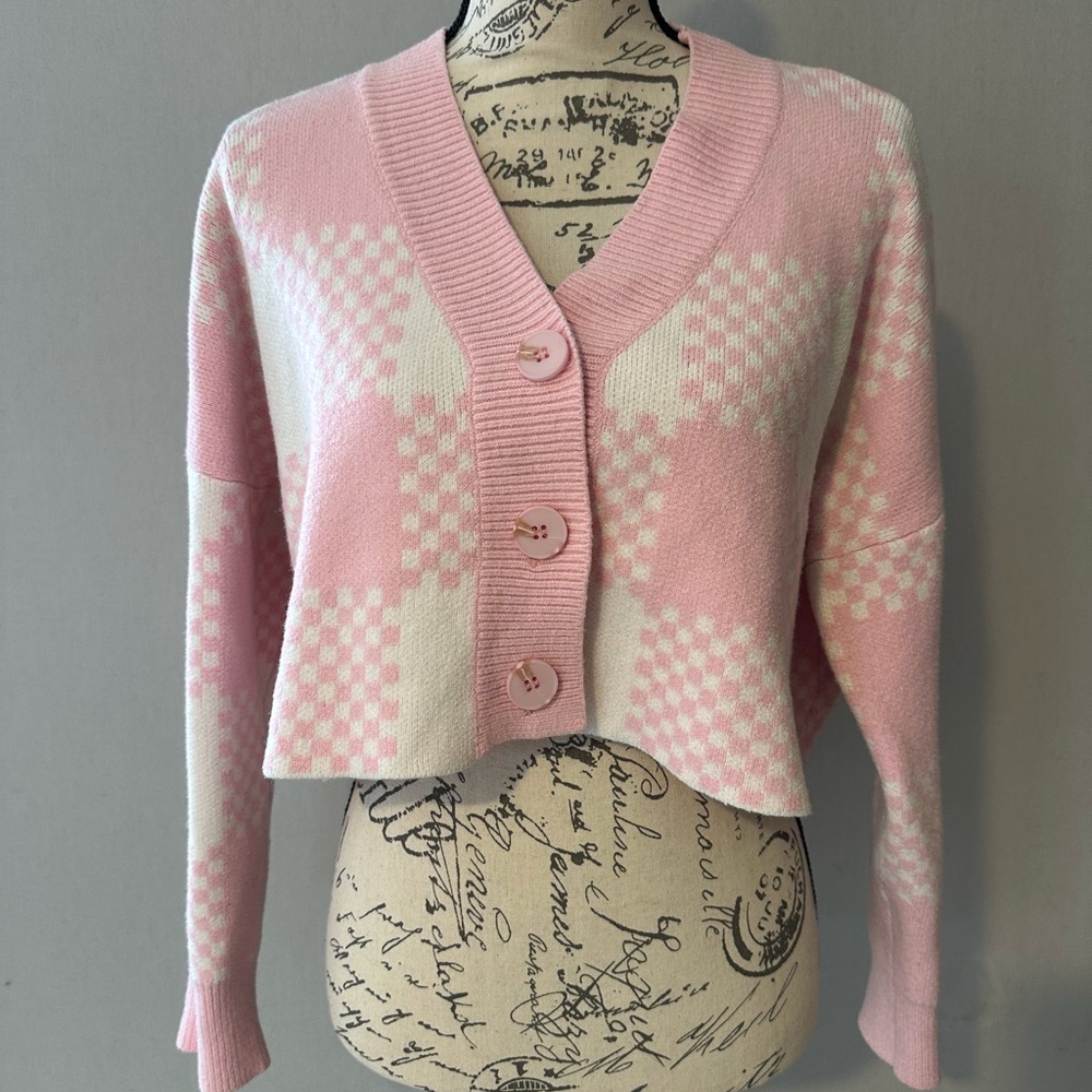 CIDER Pink & White Checkered cute Cardigan. Size M/L. See pics for measurements